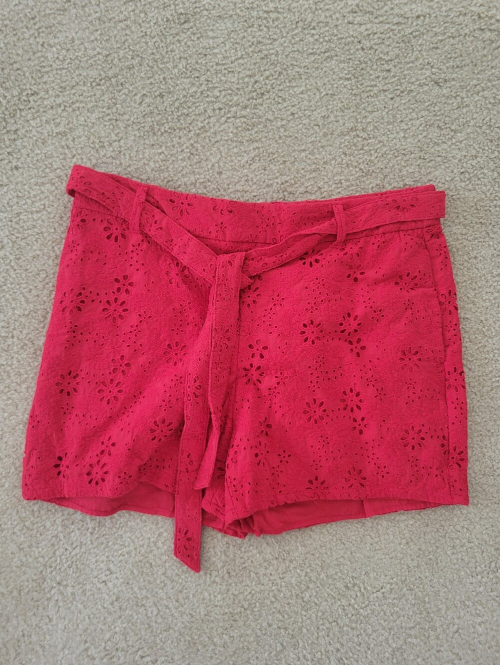 Charter Club Red Eyelet Shorts XL Elastic Tie Waist Embroidered Floral Pocket